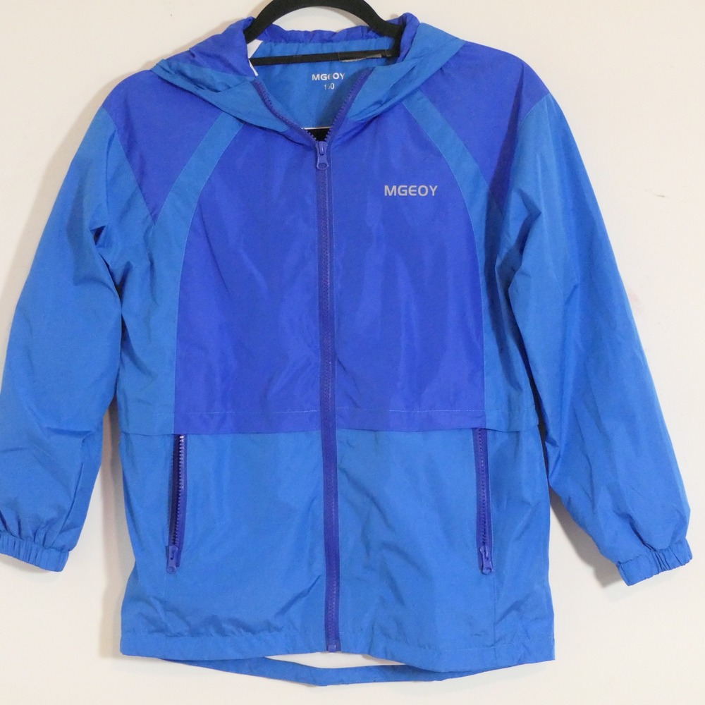 MGEOY Kids Windbreaker Jacket Size 150 Blue Colorblock Sporty Hooded Raincoat